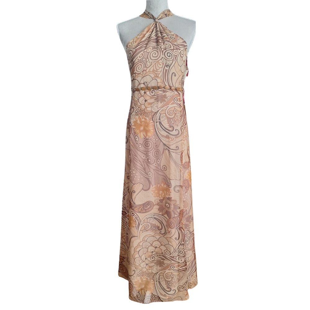 Adrianna Papell Paisley Floral Halter Maxi Dress in Blush and Gold